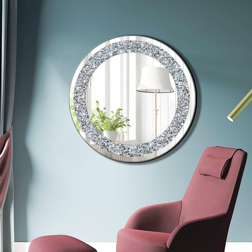 Round Wall Mirror 28x28 inch Crystal Crush Diamond Decor for Home Decoration Silver Mirror.