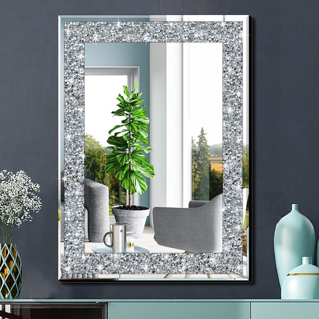 Crystal Crush Diamond Rectangle Silver Mirror for Wall Decoration 24x32inch Wall Hang Frameless Mirror Acrylic Diamond Decor.