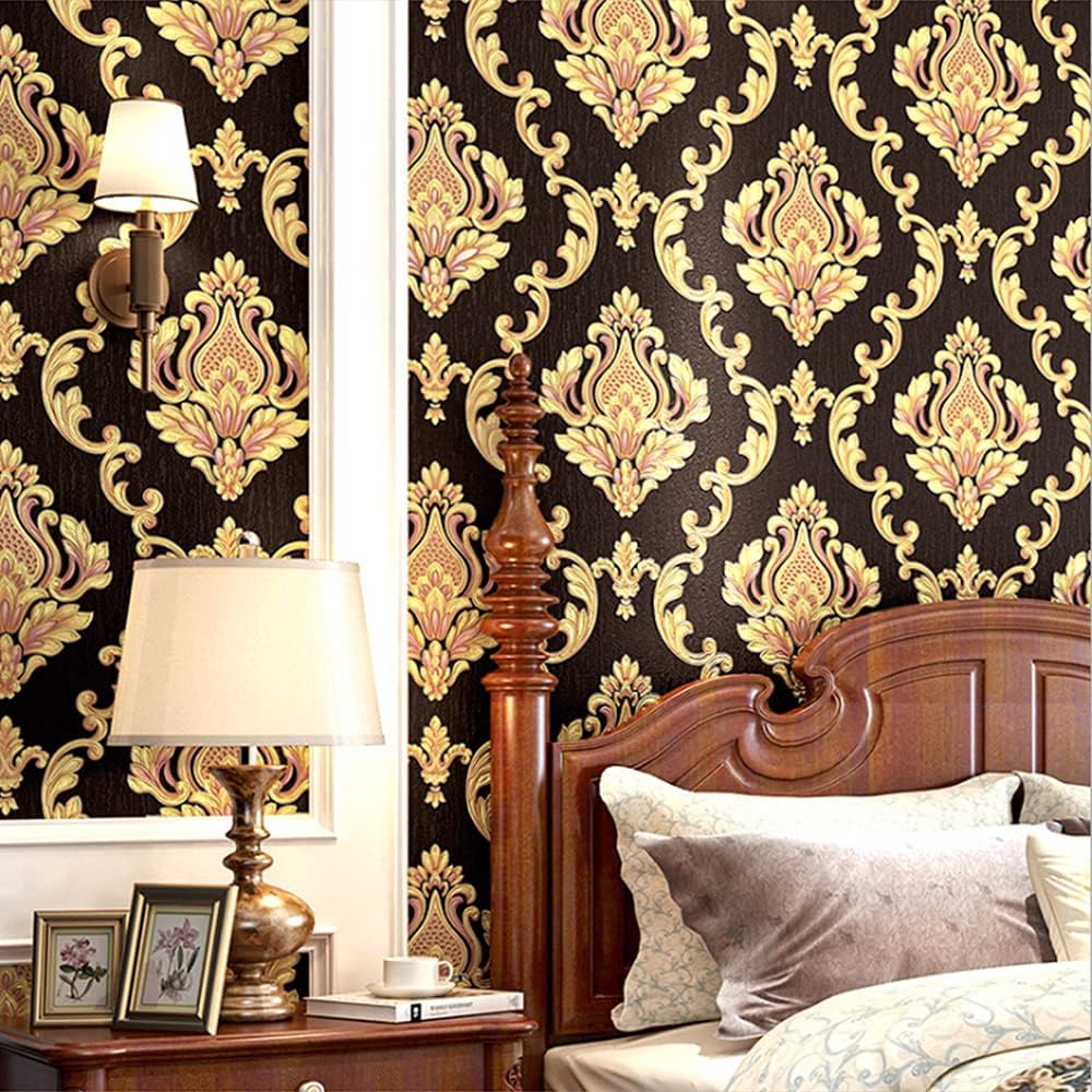 Q QIHANG European Style 3D Damask PVC Wallpaper Living Room Bedroom TV Background Wall 20.87" Wx393.7 L Non-Pasted (Brown)