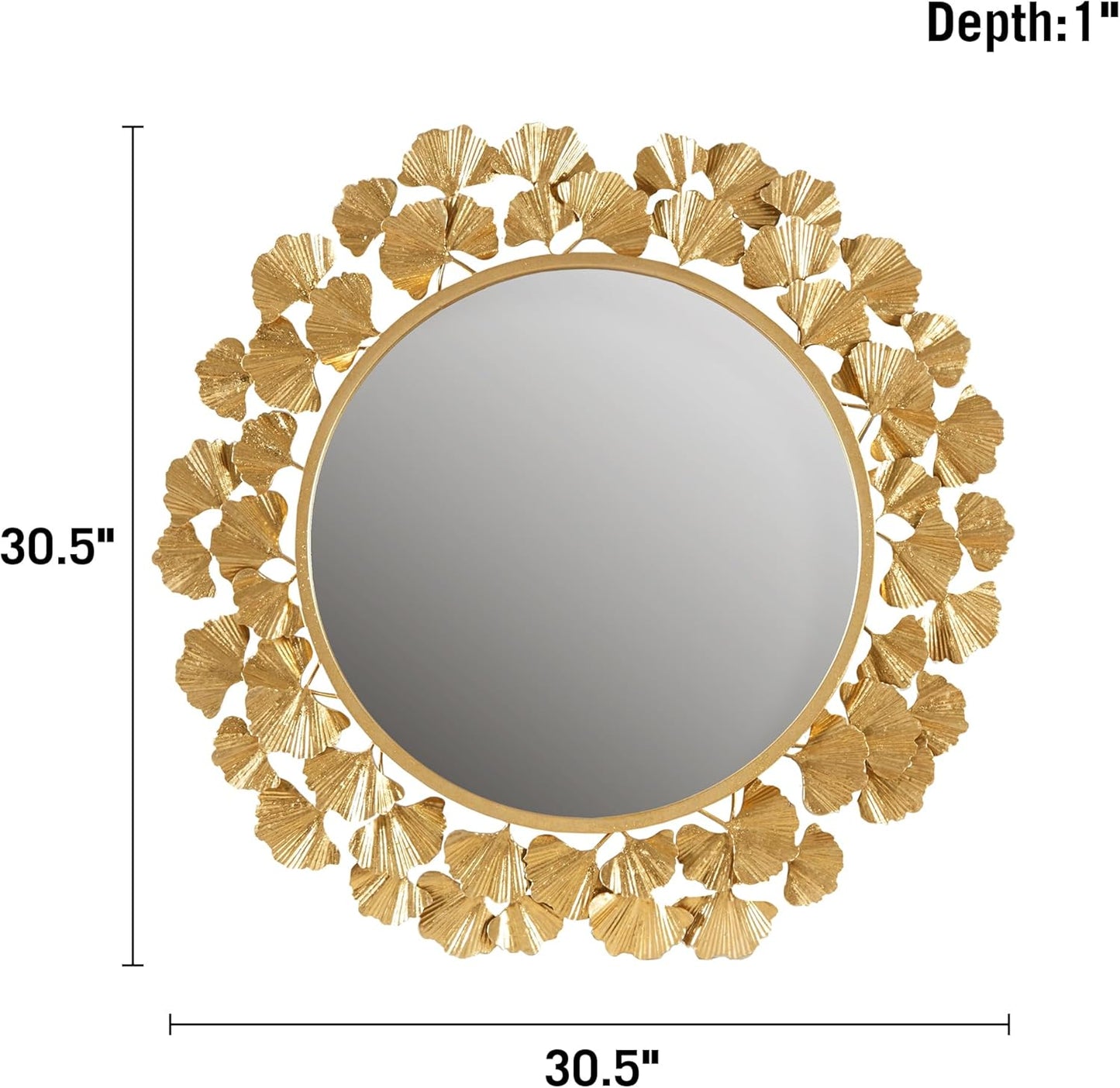 Martha Stewart Wall Décor Large Gingko Leaf Round Wall Mirror for Living Room, Iron Metal Plate Frame Antique Finish, Ready to Hang Bedroom Decoration, Eden, 30.5", Gold