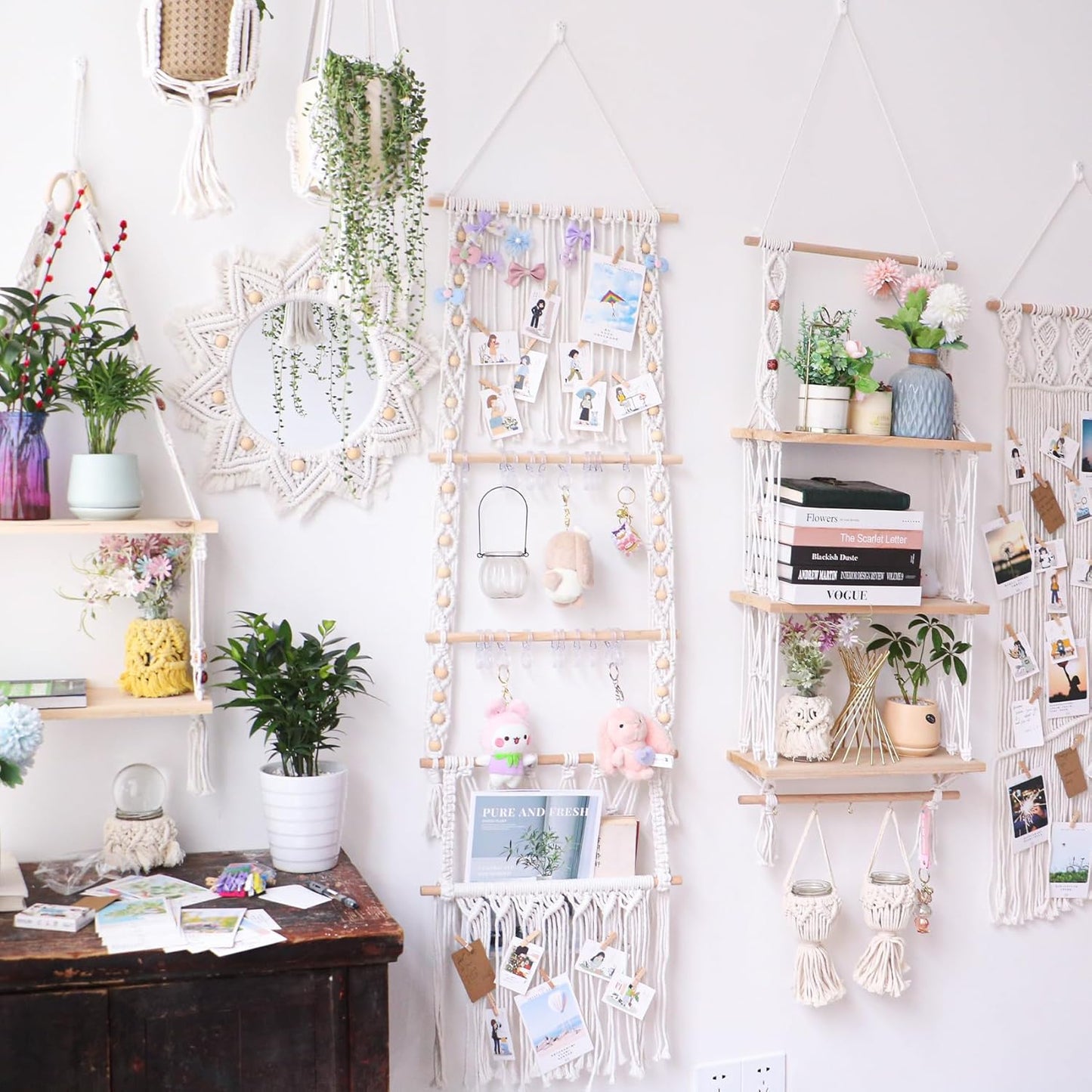 Boho Wall Decor Mirror Macrame Circle Hanging Mirror for Bedroom Living Room Apartment Entryway Home Decor