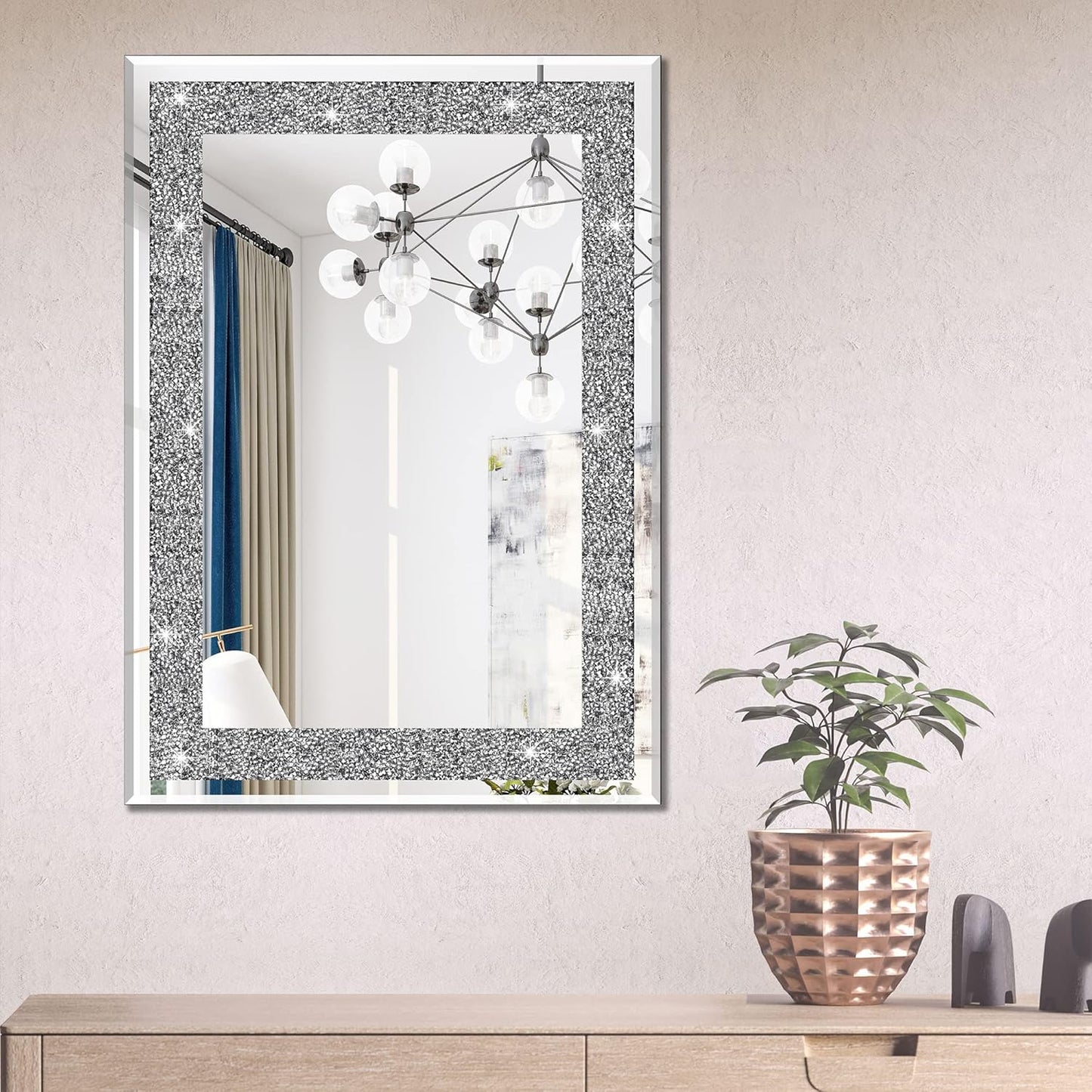 Ruomeng Wall Mirror Rectangular Crystal Crush Diamond Mirror for Home Decoration Accent Mirror for Bathroom, Entryway and Bedroom, 24" x 36"