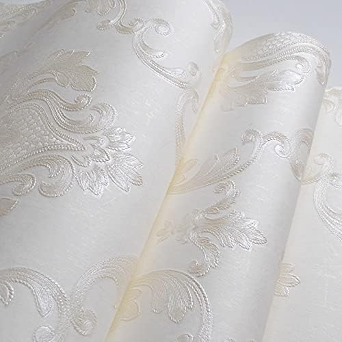 Decorative Floral Wallpaper Non-Woven Cream White Damask Textured Wall Paper Home Decoration,20.8 in X 393.00 in [ Not Peel and Stick ]
