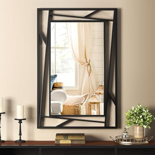 Black Mirrors for Wall Decor, 24"x36" Geometric Metal Frame Decorative Mirror for Living Room, Dining Room, Bedroom, Hallway, Fireplace, Entry, Consoles or Against The Wall