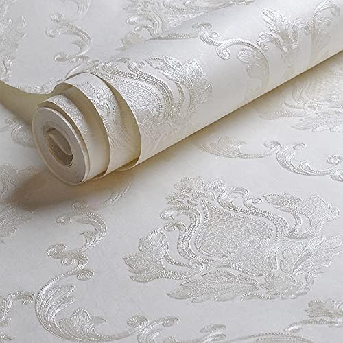 Decorative Floral Wallpaper Non-Woven Cream White Damask Textured Wall Paper Home Decoration,20.8 in X 393.00 in [ Not Peel and Stick ]