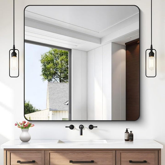 Bathroom Mirror 42x42 Inch, Large Square Vanity Mirror with Black Aluminum Frame Rounded Corner, Wall Mounted Mirror for Bathroom Bedroom Entryway Living Room Home Decoration