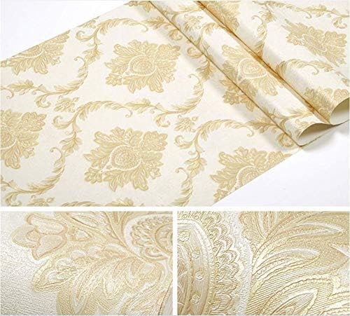 Q QIHANG European Style Damask PVC Wallpaper AB Version European Flower 3D Embossed Craft Bedroom Living Room TV Background Wall Shop Decoration 20.87" Wx393.7 L Non-Pasted (Light Yellow A)