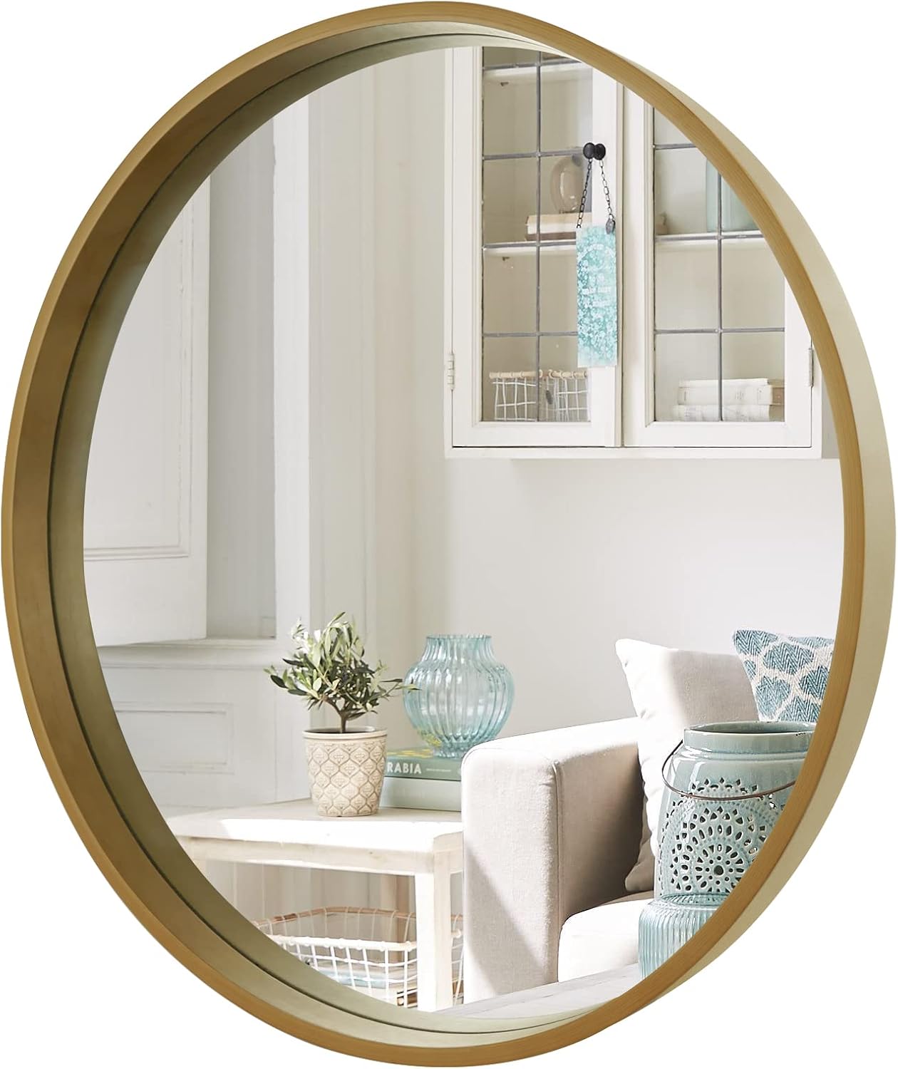 WallBeyond Round Wood Mirror, 32" Round Modern Decoration Large Circle Wall Mirror for Bathroom Living Room Bedroom Entryway, Honey