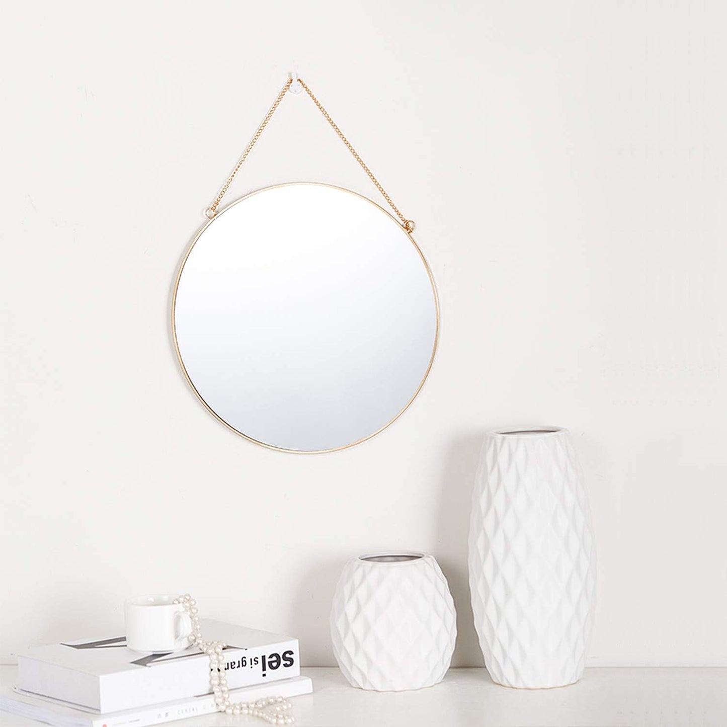 Dahey 11.8-inch Small Hanging Circle Mirror Wall Decor Gold Round Mirror with Hanging Chain for Living Room Bathroom Bedroom Dorm College Office, Gold