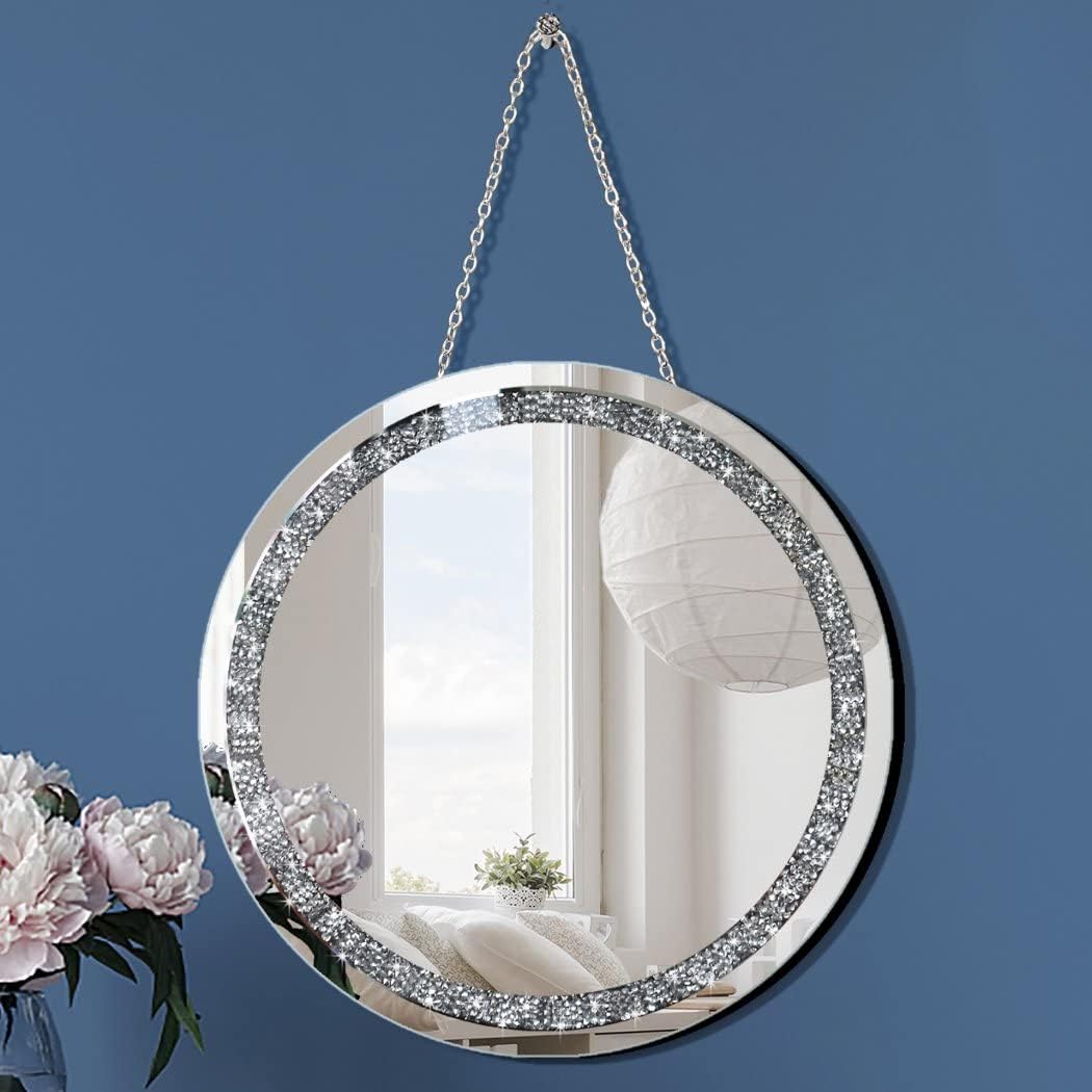 Round Wall Mirror 28x28 inch Crystal Crush Diamond Decor for Home Decoration Silver Mirror.