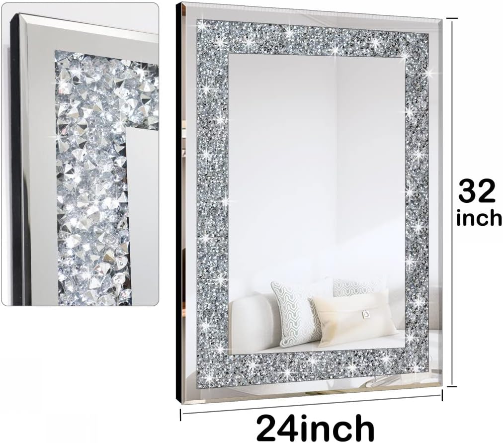 Crystal Crush Diamond Rectangle Silver Mirror for Wall Decoration 24x32inch Wall Hang Frameless Mirror Acrylic Diamond Decor.