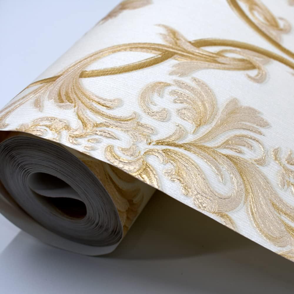 Q QIHANG 1.73' W x 32.8'L 3D Embossed Damask Printing Modern Minimalist European Style Bedroom TV Background Non-Woven Non-Pasted Wallpaper (A Beige)