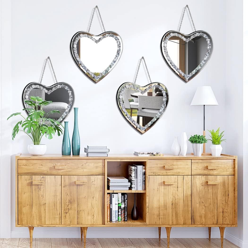 DMDFIRST Heart Shaped Silver Glass Mirror 2 Pack 12x12inch Crystal Crush Diamond Decor Chain Mirror for Wall Decoration