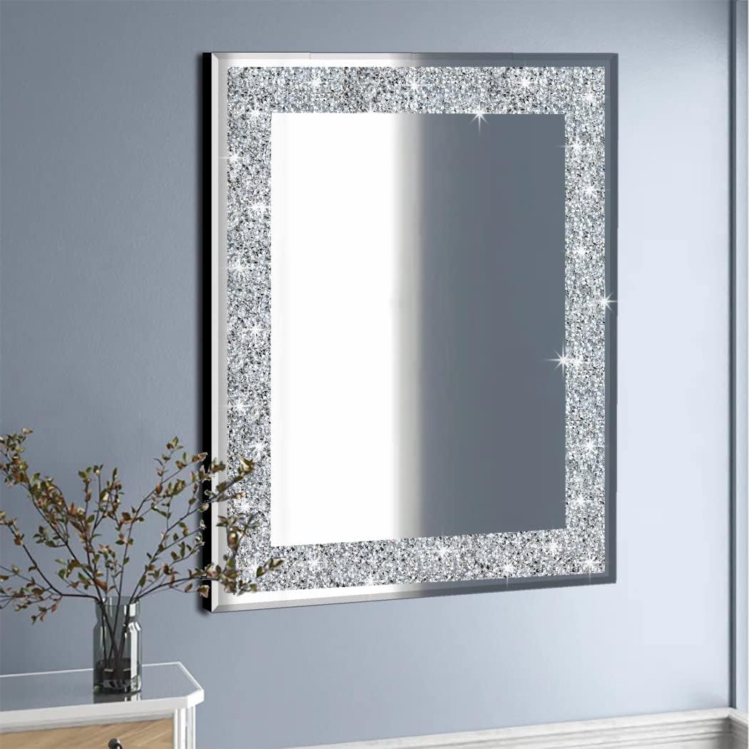 Crystal Crush Diamond Rectangle Silver Mirror for Wall Decoration 24x32inch Wall Hang Frameless Mirror Acrylic Diamond Decor.