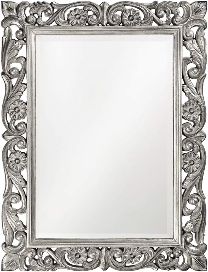 Howard Elliott Chateau Rectangular Hanging Wall Mirror, Scroll Work Frame, Home Decoration Framed Mirrors for Bedroom, Bathroom, Entryway, or Any Room, French Pewter, 31.5 x 42 Inch