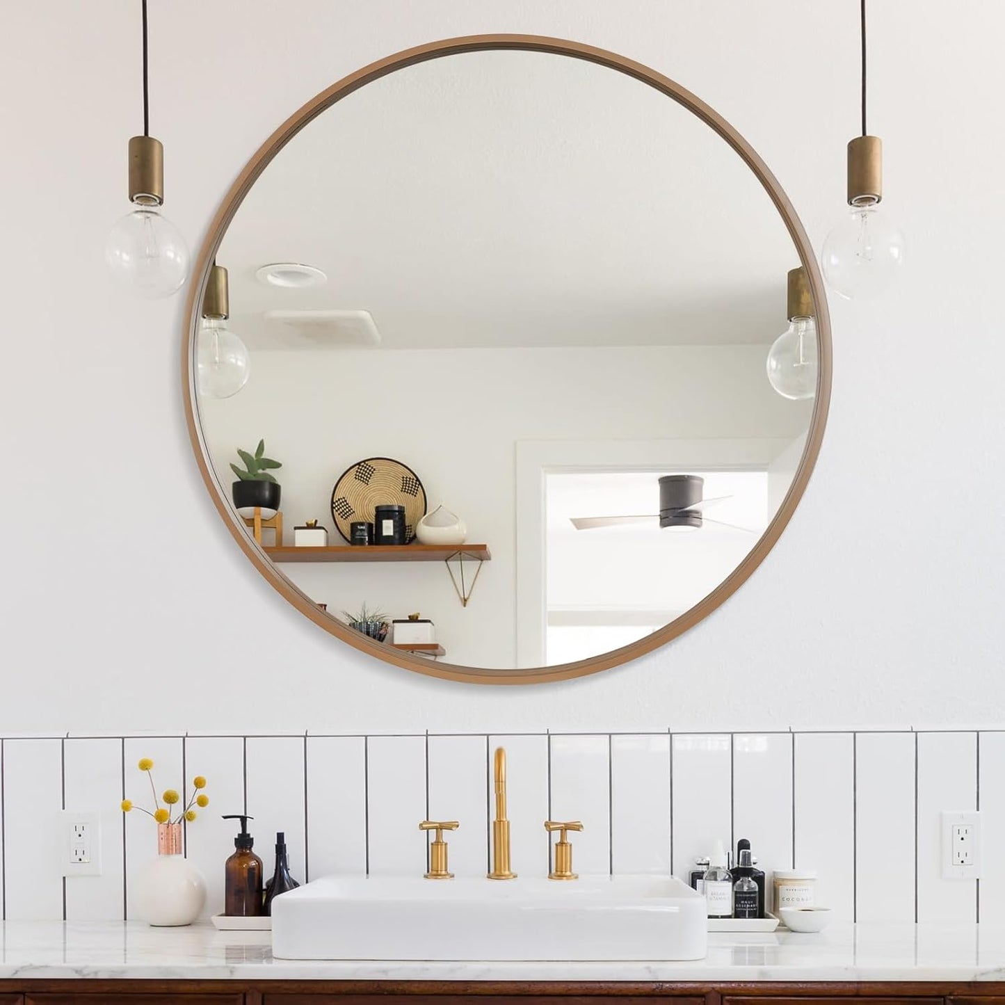 WallBeyond Round Wood Mirror, 32" Round Modern Decoration Large Circle Wall Mirror for Bathroom Living Room Bedroom Entryway, Honey