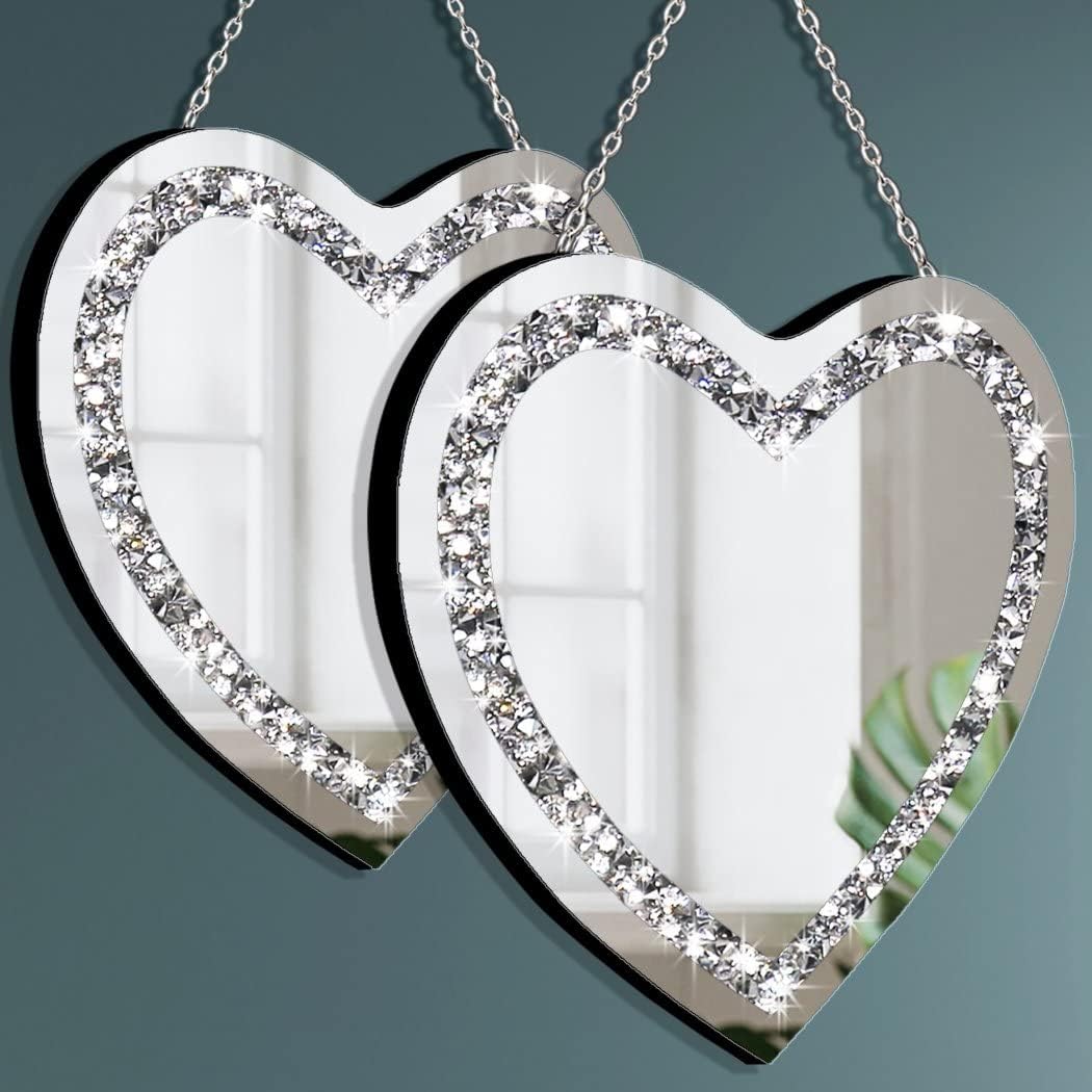 DMDFIRST Heart Shaped Silver Glass Mirror 2 Pack 12x12inch Crystal Crush Diamond Decor Chain Mirror for Wall Decoration