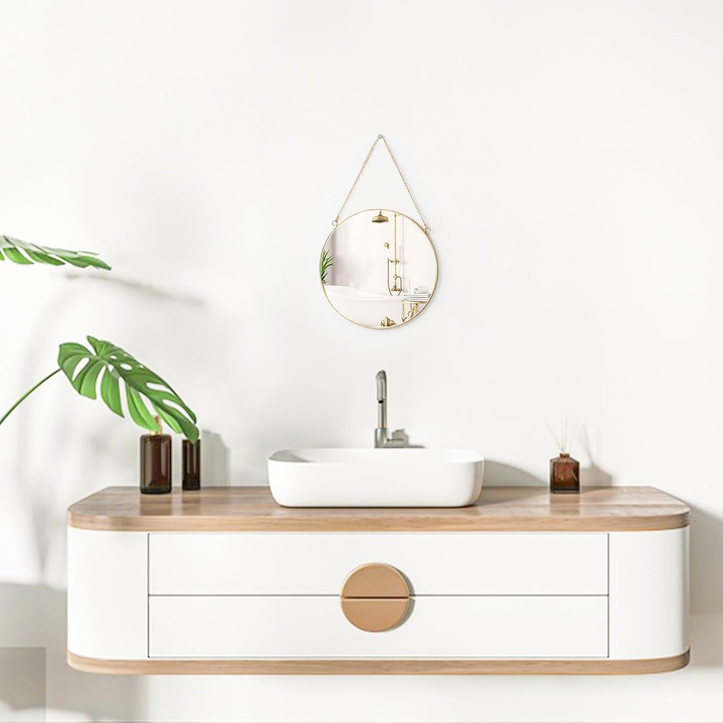 Dahey 11.8-inch Small Hanging Circle Mirror Wall Decor Gold Round Mirror with Hanging Chain for Living Room Bathroom Bedroom Dorm College Office, Gold