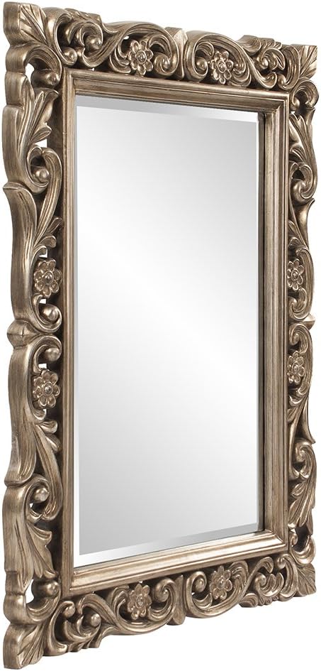 Howard Elliott Chateau Rectangular Hanging Wall Mirror, Scroll Work Frame, Home Decoration Framed Mirrors for Bedroom, Bathroom, Entryway, or Any Room, French Pewter, 31.5 x 42 Inch