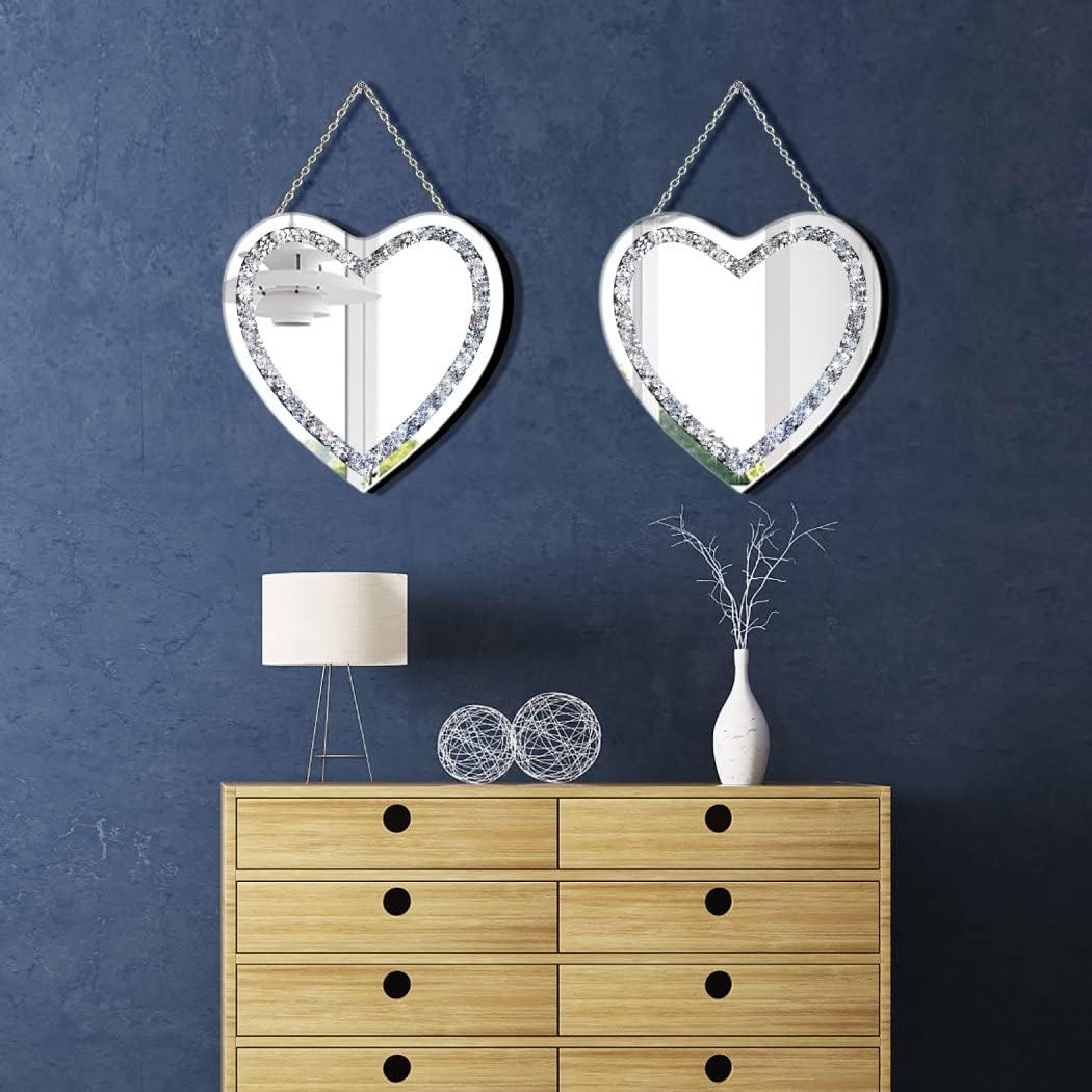 DMDFIRST Heart Shaped Silver Glass Mirror 2 Pack 12x12inch Crystal Crush Diamond Decor Chain Mirror for Wall Decoration