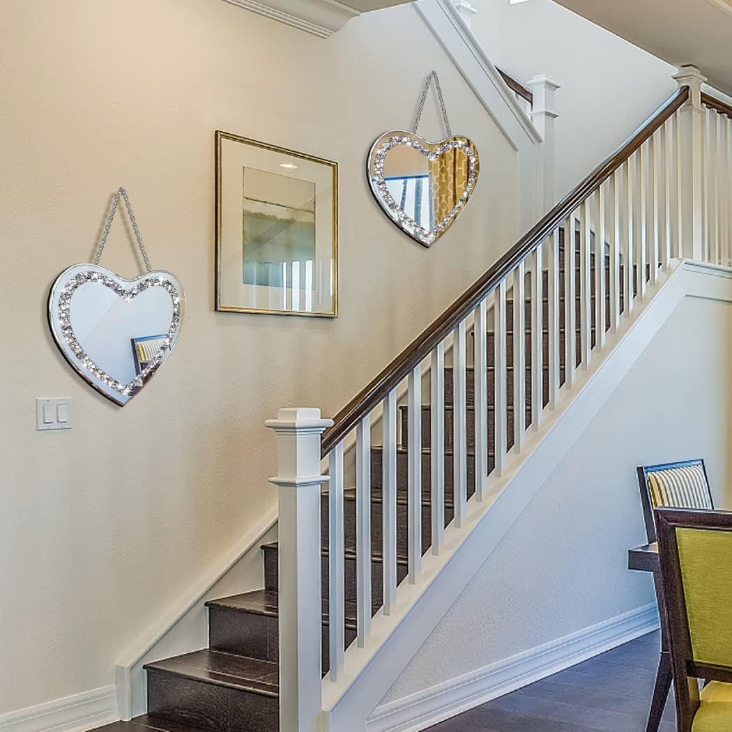 DMDFIRST Heart Shaped Silver Glass Mirror 2 Pack 12x12inch Crystal Crush Diamond Decor Chain Mirror for Wall Decoration