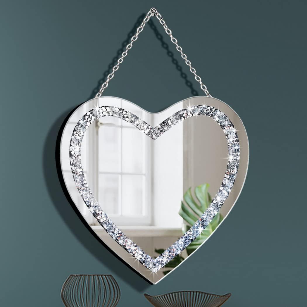 DMDFIRST Heart Shaped Silver Glass Mirror 2 Pack 12x12inch Crystal Crush Diamond Decor Chain Mirror for Wall Decoration