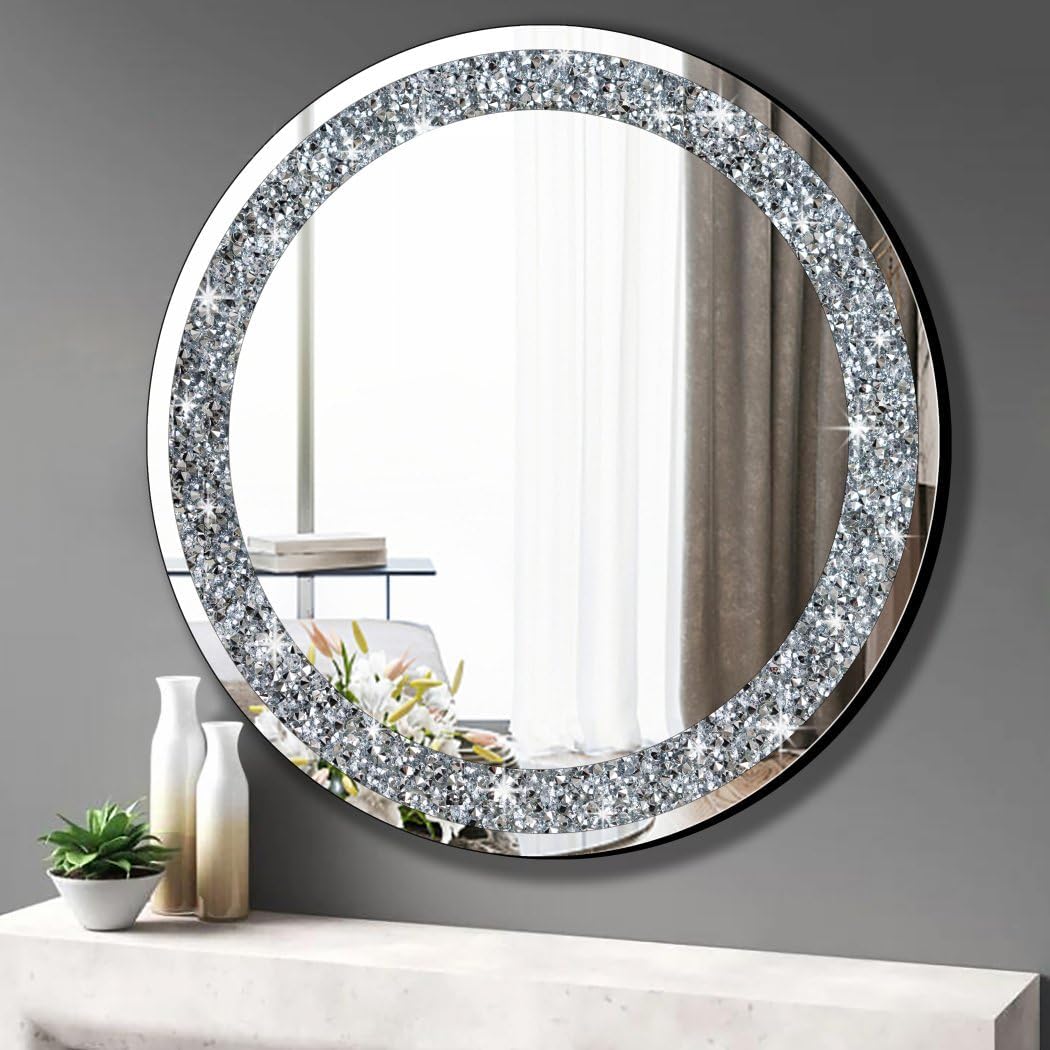 Round Wall Mirror 28x28 inch Crystal Crush Diamond Decor for Home Decoration Silver Mirror.