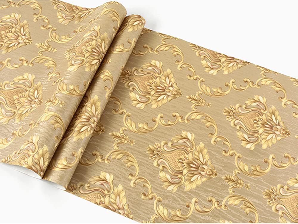 Q QIHANG European Style 3D Damask PVC Wallpaper Living Room Bedroom TV Background Wall 20.87" Wx393.7 L Non-Pasted (Brown)