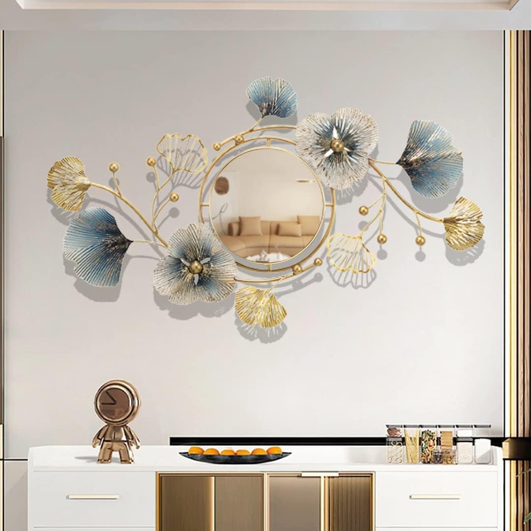 Metal Wall Mirrors Decor for Living Room Ginkgo Leaf Design 47" Big Wall-Mounted Mirrors Large Wall Decor for Entryway Vanity Bedroom Living Room Bathroom