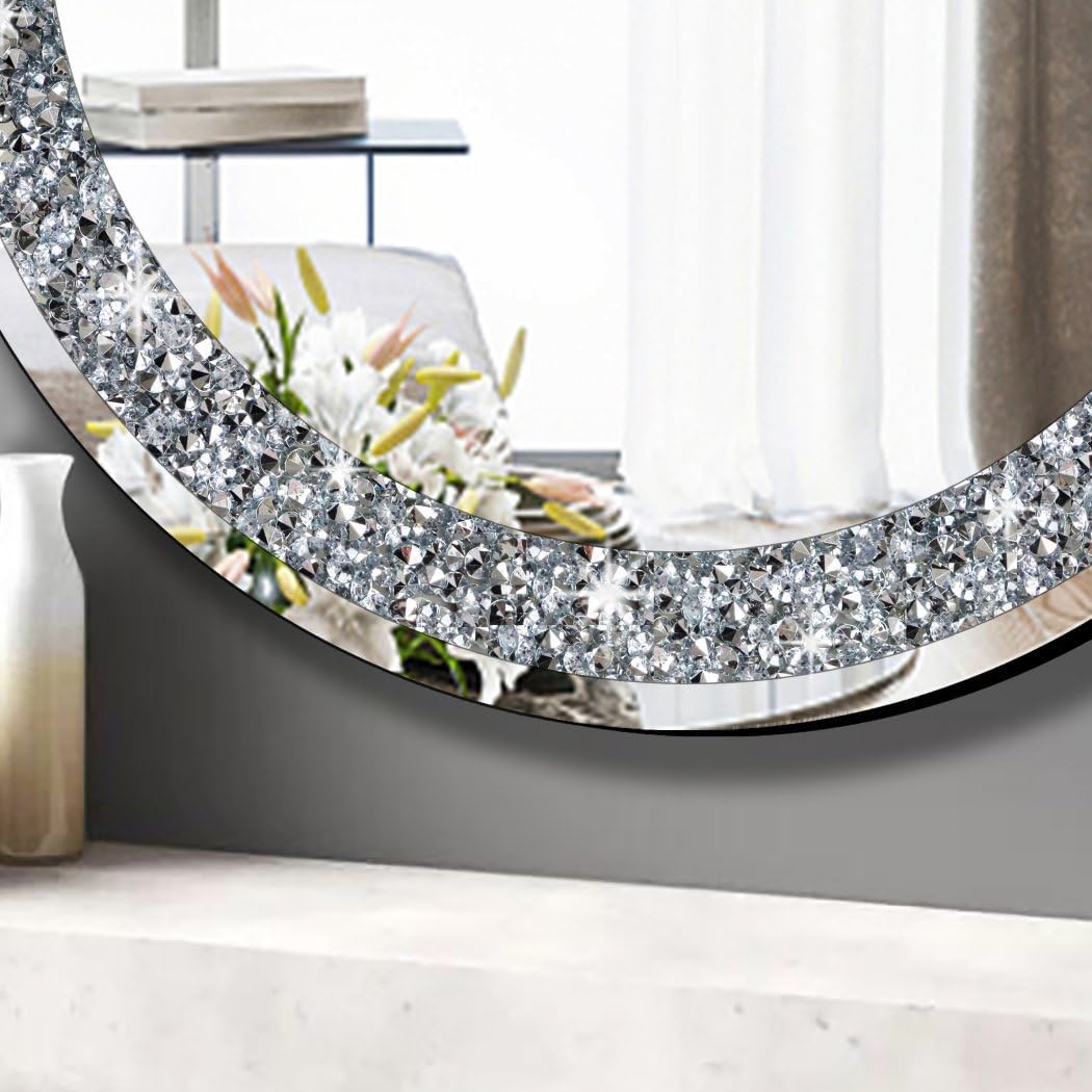 Round Wall Mirror 28x28 inch Crystal Crush Diamond Decor for Home Decoration Silver Mirror.