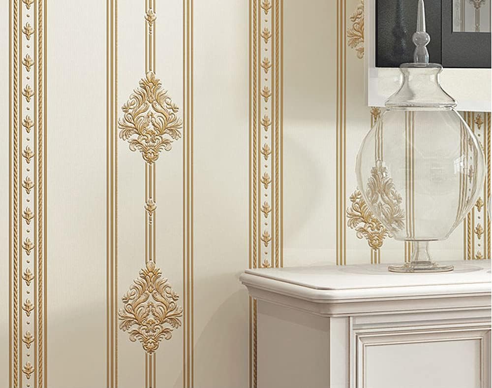 Q QIHANG 1.73' W x 32.8'L 3D Embossed Damask Printing Modern Minimalist European Style Bedroom TV Background Non-Woven Non-Pasted Wallpaper (A Beige)
