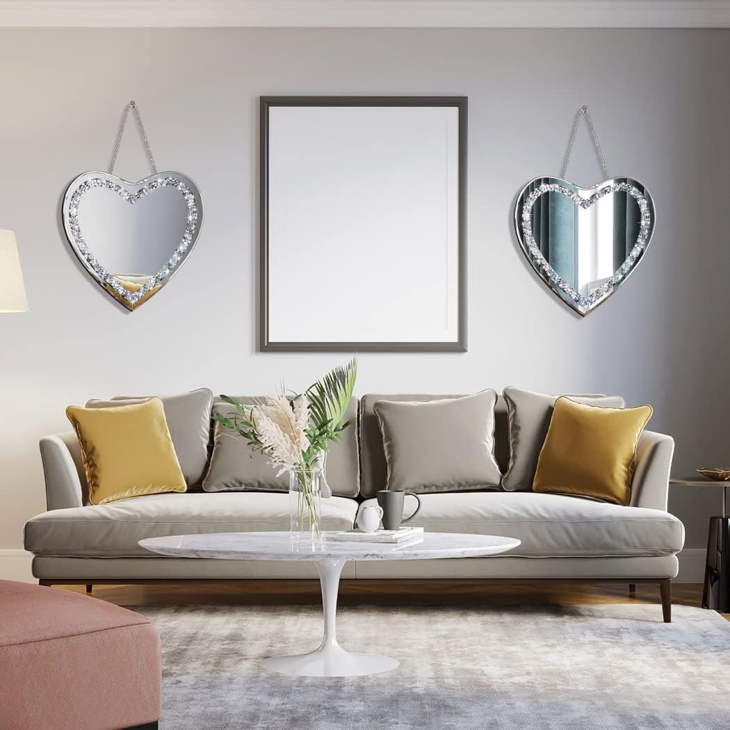 DMDFIRST Heart Shaped Silver Glass Mirror 2 Pack 12x12inch Crystal Crush Diamond Decor Chain Mirror for Wall Decoration