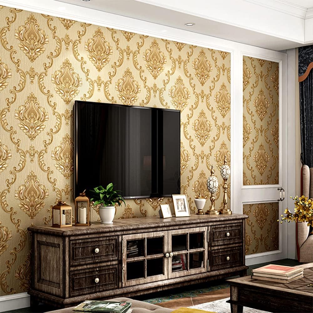 Q QIHANG European Style 3D Damask PVC Wallpaper Living Room Bedroom TV Background Wall 20.87" Wx393.7 L Non-Pasted (Brown)