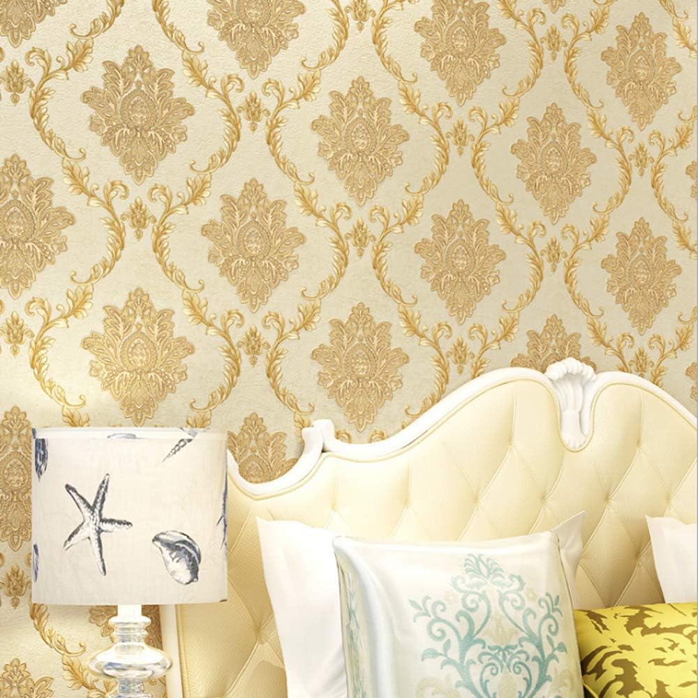 Q QIHANG European Style Damask PVC Wallpaper AB Version European Flower 3D Embossed Craft Bedroom Living Room TV Background Wall Shop Decoration 20.87" Wx393.7 L Non-Pasted (Light Yellow A)