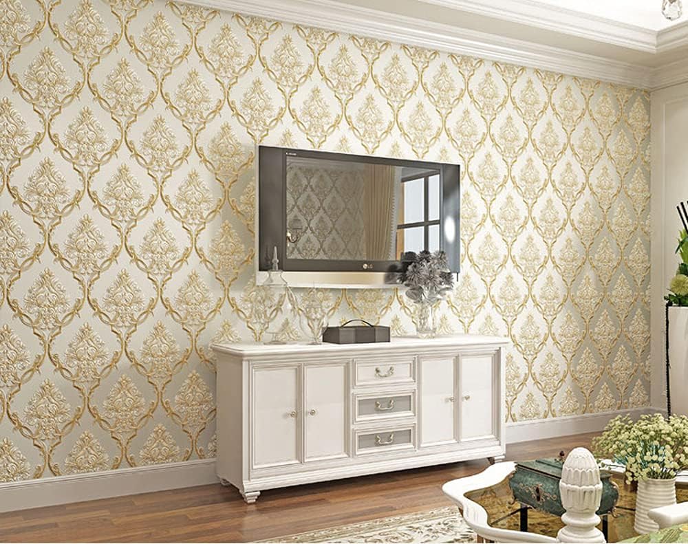 Q QIHANG 1.73' W x 32.8'L 3D Embossed Damask Printing Modern Minimalist European Style Bedroom TV Background Non-Woven Non-Pasted Wallpaper (A Beige)