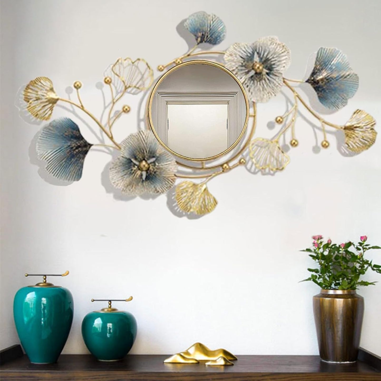 Metal Wall Mirrors Decor for Living Room Ginkgo Leaf Design 47" Big Wall-Mounted Mirrors Large Wall Decor for Entryway Vanity Bedroom Living Room Bathroom