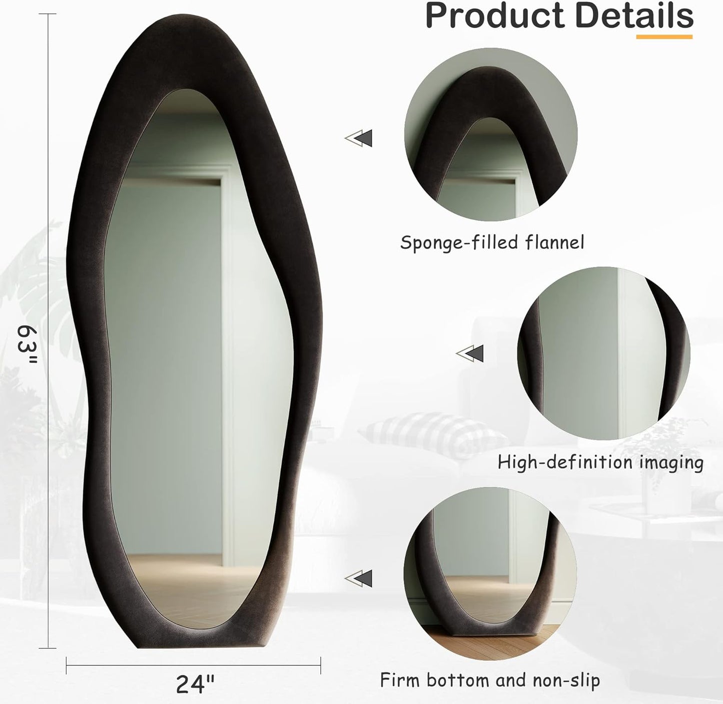 Honyee Full Length Mirror, 63" x 24" Wall Mirror, Flannel Wrapped Wooden Frame Floor Mirror, Irregular Wavy Mirror Hanging or Leaning Against Wall for Cloakroom/Bedroom/Living Room, Black