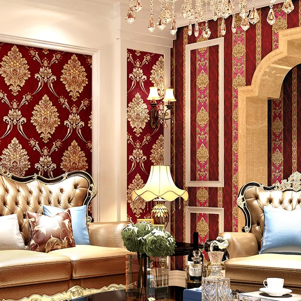 Q QIHANG Non-Pasted European 3D Flowers Damask Wallpaper Luxury for Bedroom Living Room Background Wall Vintage Stripes Home Wall Paper Roll 1.73' W x 32.8' L (Red Matching Style-B)