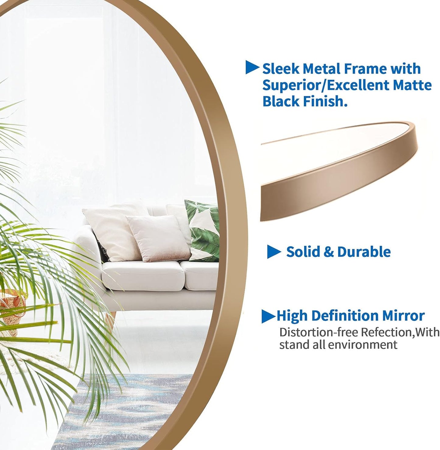 Large Round Gold Mirror 39 Inch, Big Circle Mirror, Wall-Mounted Decoration, Metal Framed Mirror for Living Room Entryway and Bedroom, Easy to Install