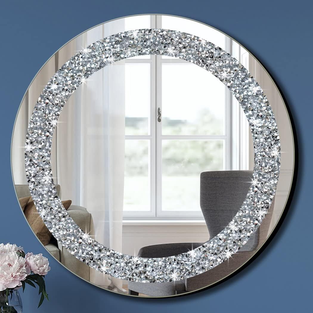 Round Wall Mirror 28x28 inch Crystal Crush Diamond Decor for Home Decoration Silver Mirror.