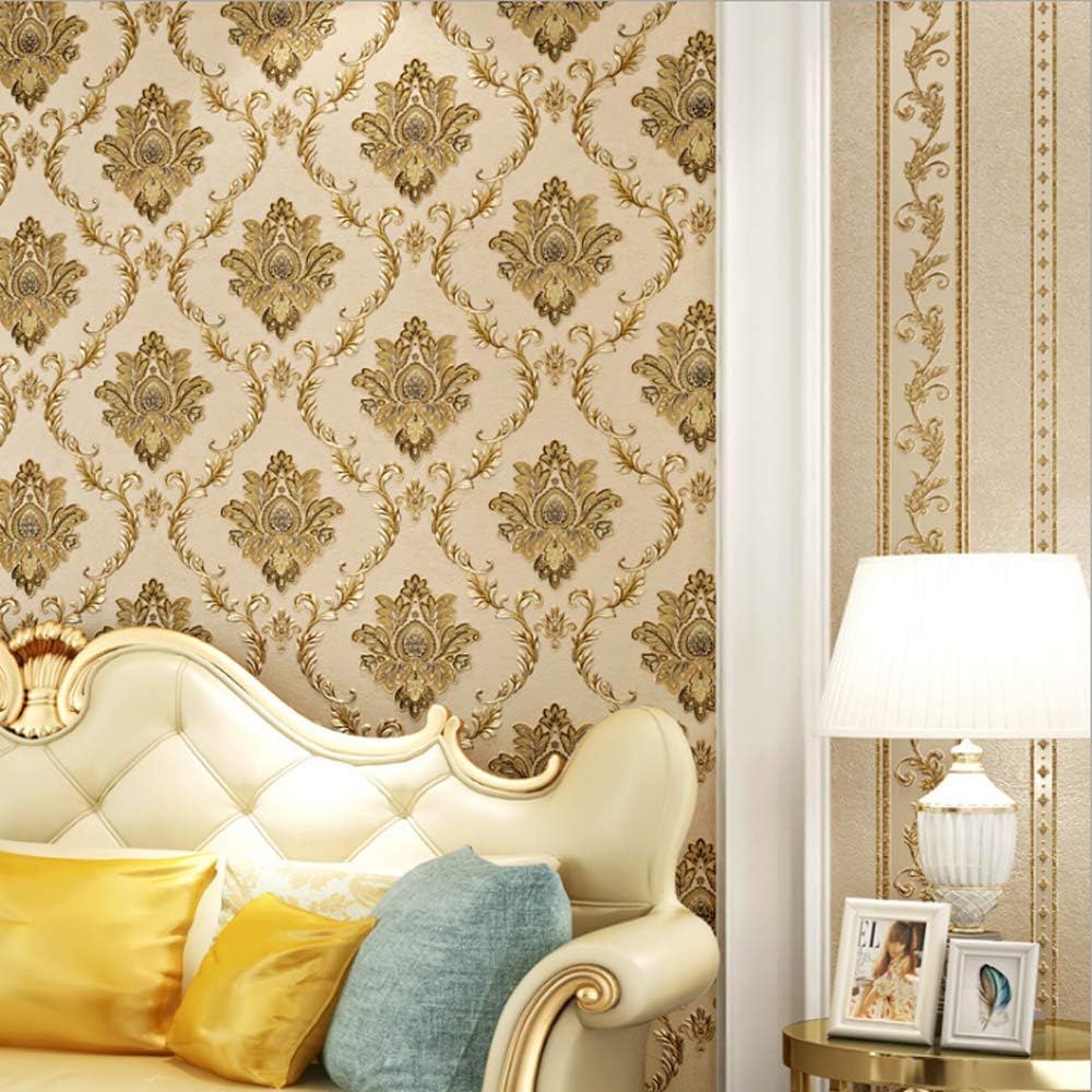 Q QIHANG European Style Damask PVC Wallpaper AB Version European Flower 3D Embossed Craft Bedroom Living Room TV Background Wall Shop Decoration 20.87" Wx393.7 L Non-Pasted (Light Yellow A)