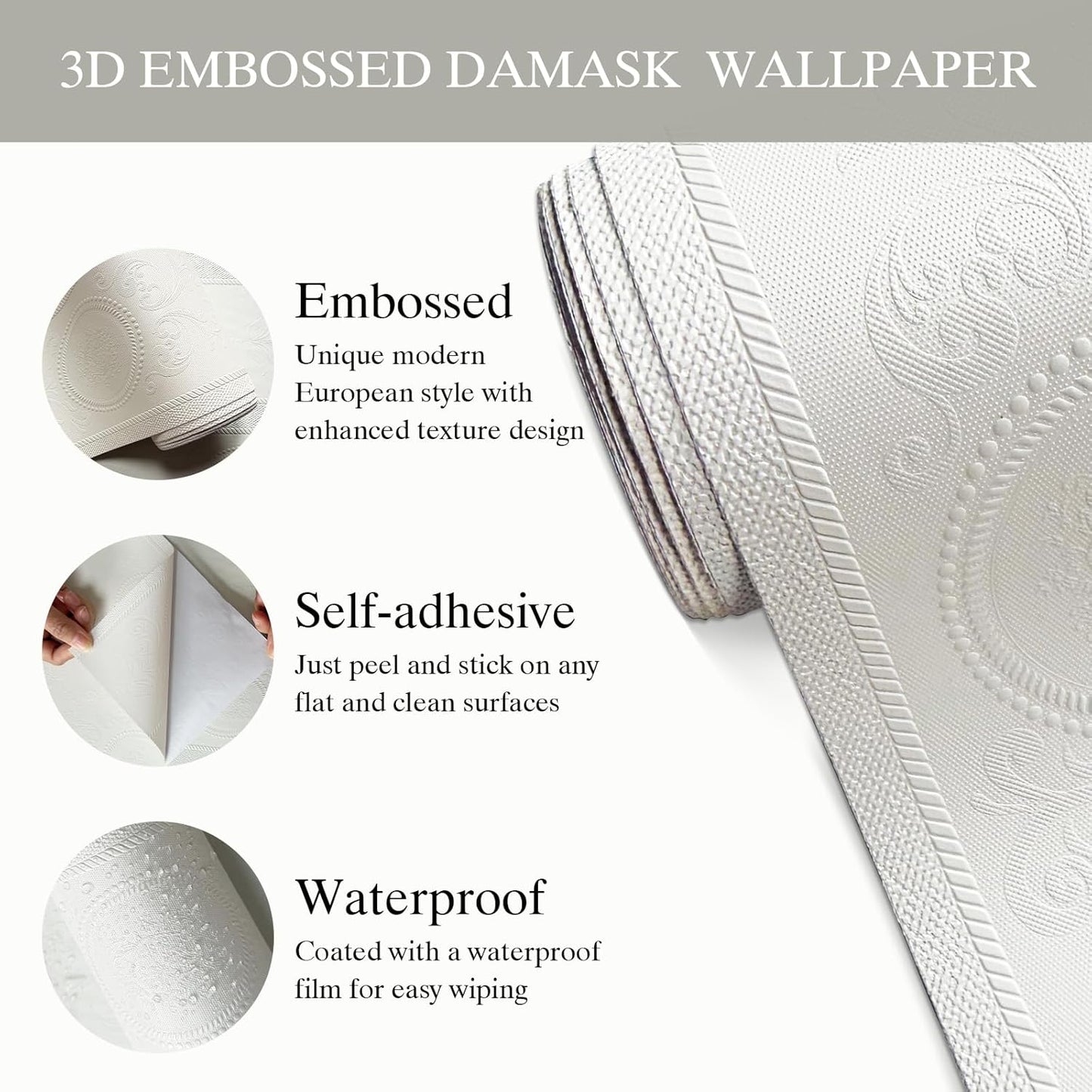 Wallpaper Peel and Stick Textured,3D Embossed Wall Paper Stick on Wallpaper Modern Waterproof Self Adhesive Contact Paper(17.3" x 400",White)
