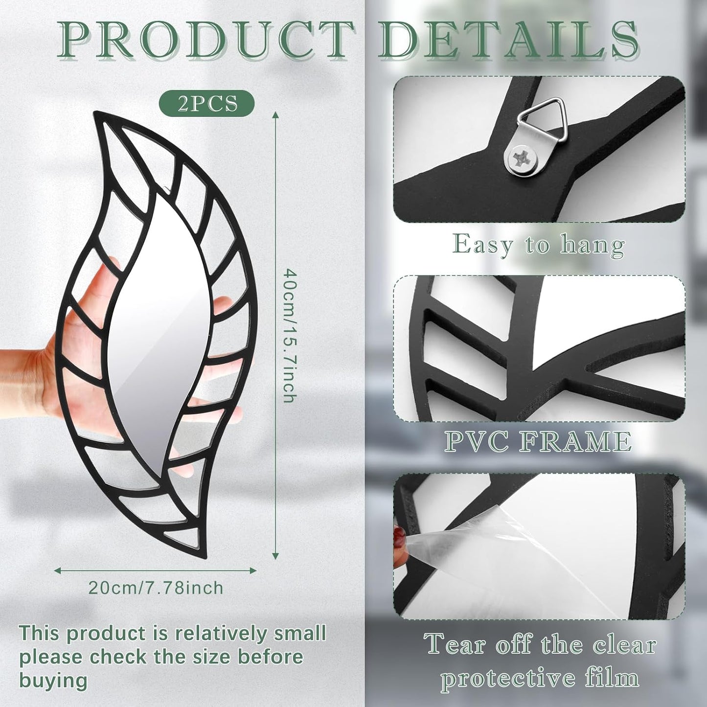 Roowest 2 Pcs Decorative Mirror Wall Decor Leaf Teardrop Mirror Wall Mounted Decorations for Living Room Bedroom Bathroom Vanity Entryway Office(Black)