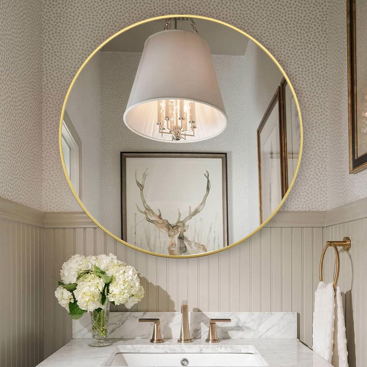 Large Round Gold Mirror 39 Inch, Big Circle Mirror, Wall-Mounted Decoration, Metal Framed Mirror for Living Room Entryway and Bedroom, Easy to Install