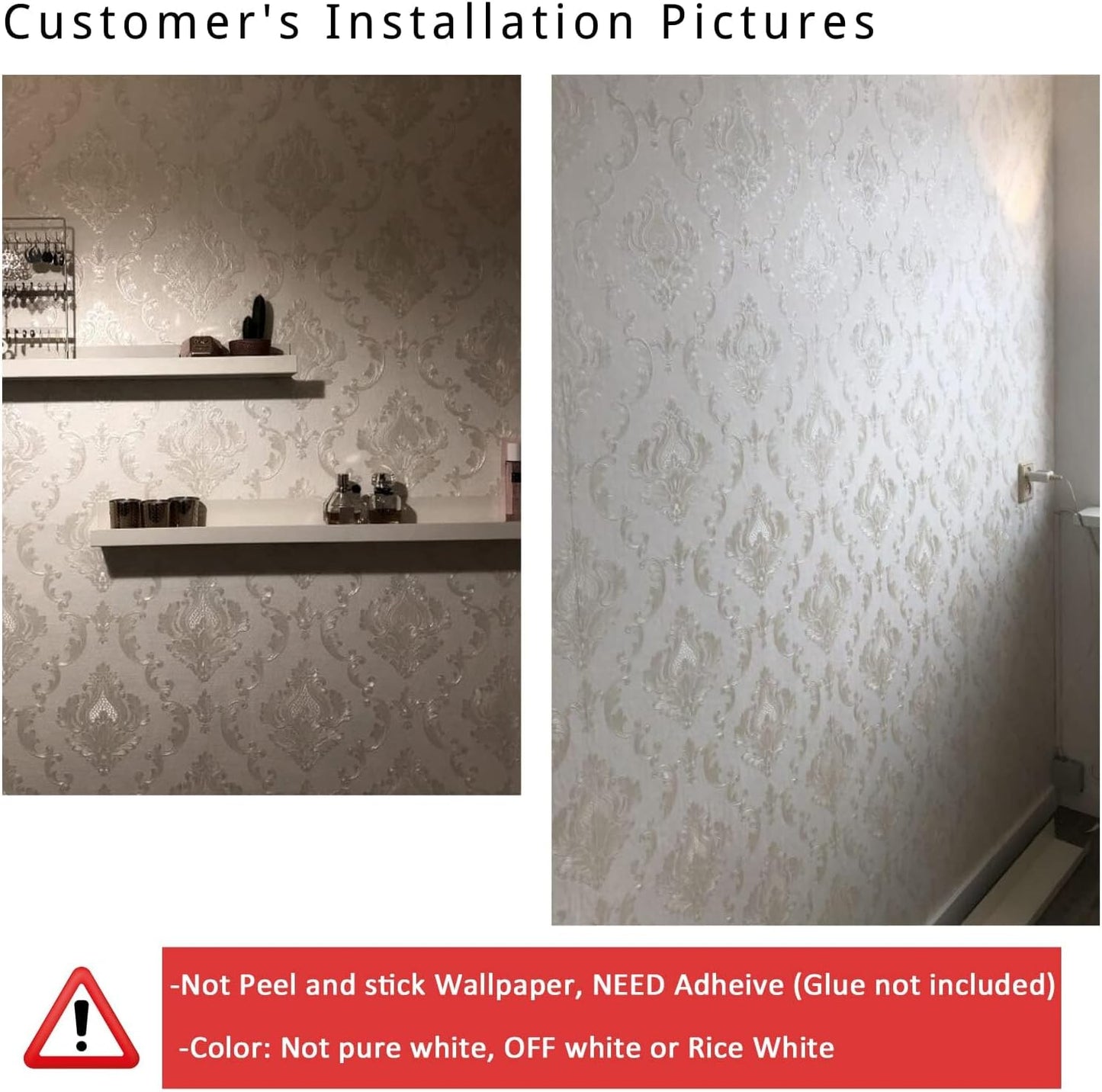 Decorative Floral Wallpaper Non-Woven Cream White Damask Textured Wall Paper Home Decoration,20.8 in X 393.00 in [ Not Peel and Stick ]