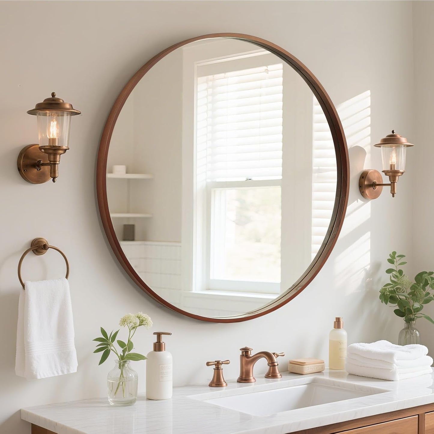 WallBeyond Round Wood Mirror, 32" Round Modern Decoration Large Circle Wall Mirror for Bathroom Living Room Bedroom Entryway, Honey