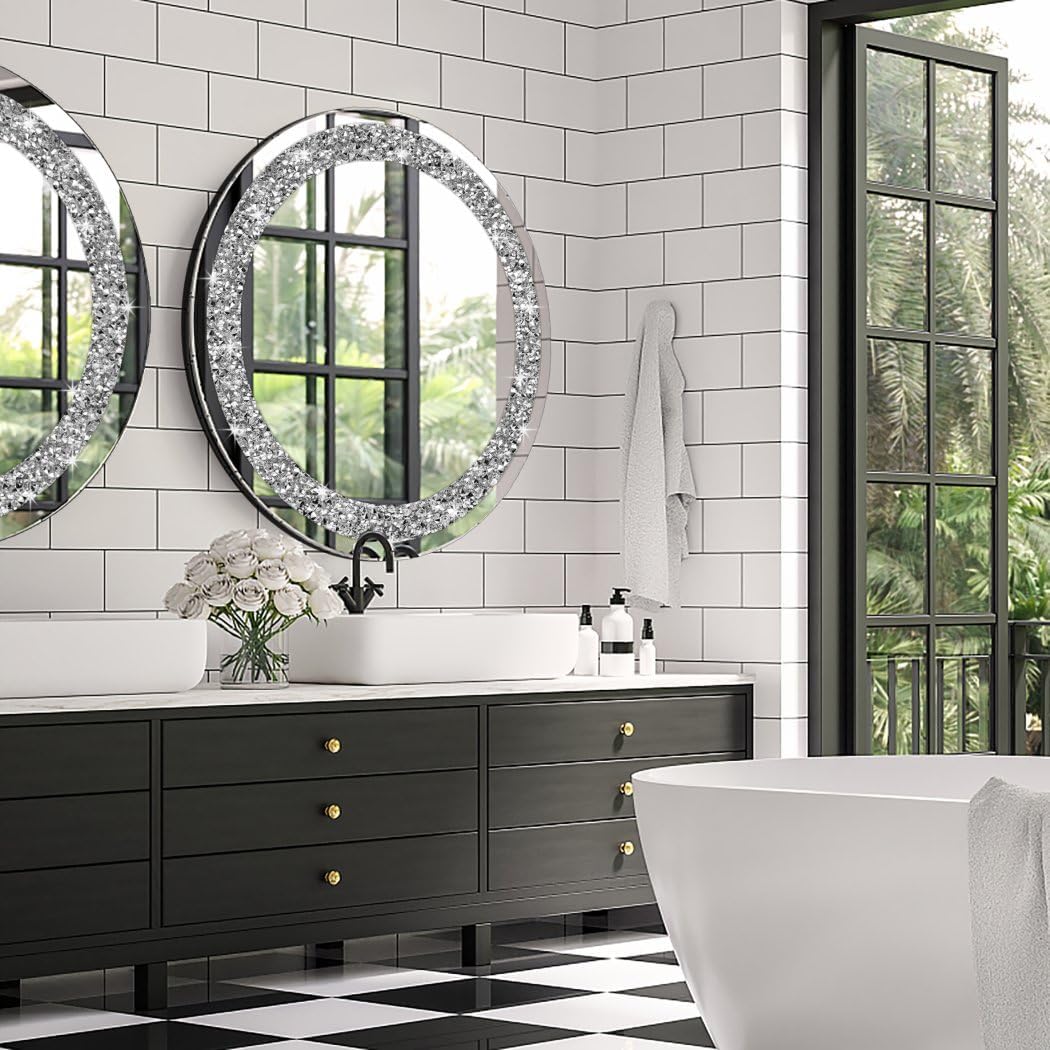 Round Wall Mirror 28x28 inch Crystal Crush Diamond Decor for Home Decoration Silver Mirror.