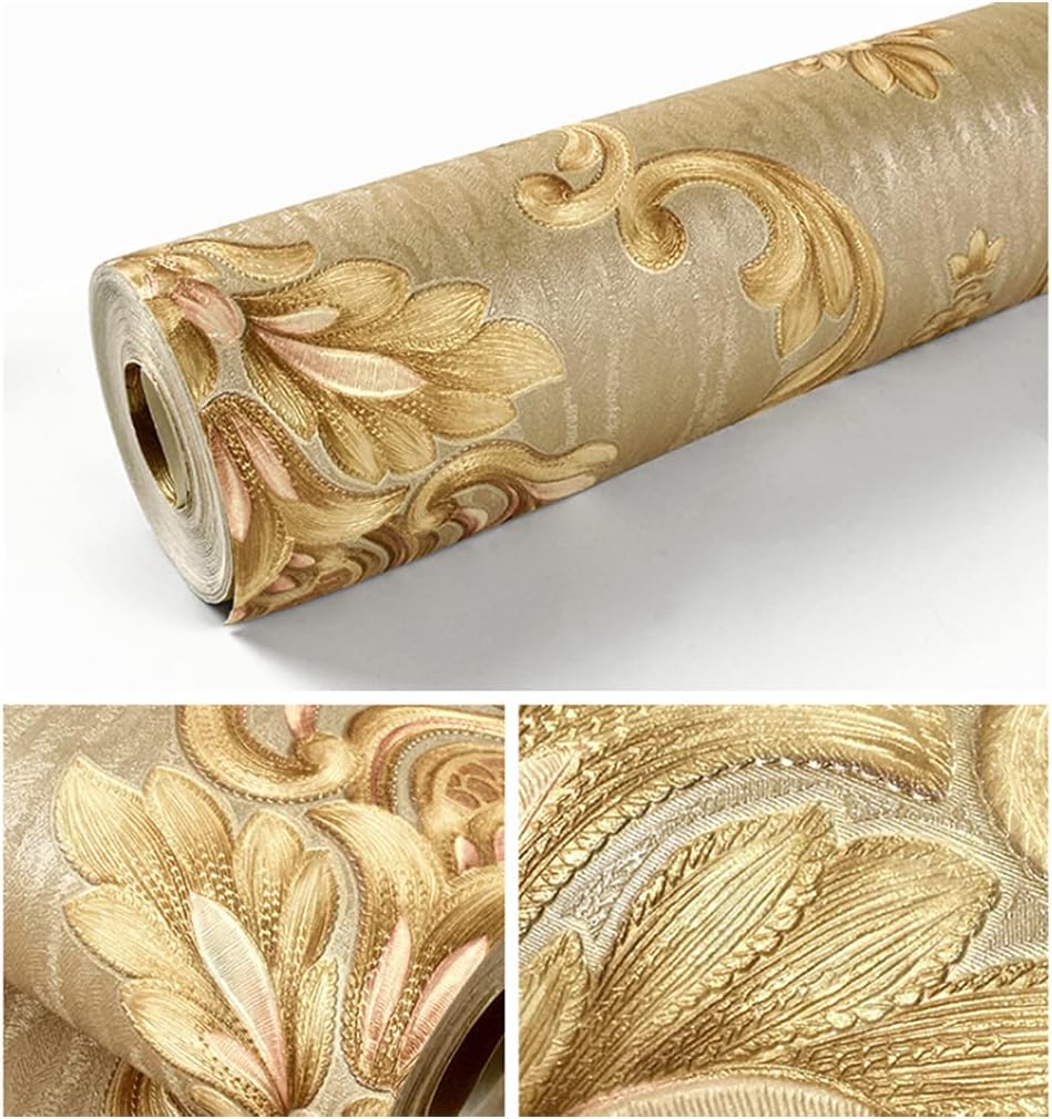 Q QIHANG European Style 3D Damask PVC Wallpaper Living Room Bedroom TV Background Wall 20.87" Wx393.7 L Non-Pasted (Brown)