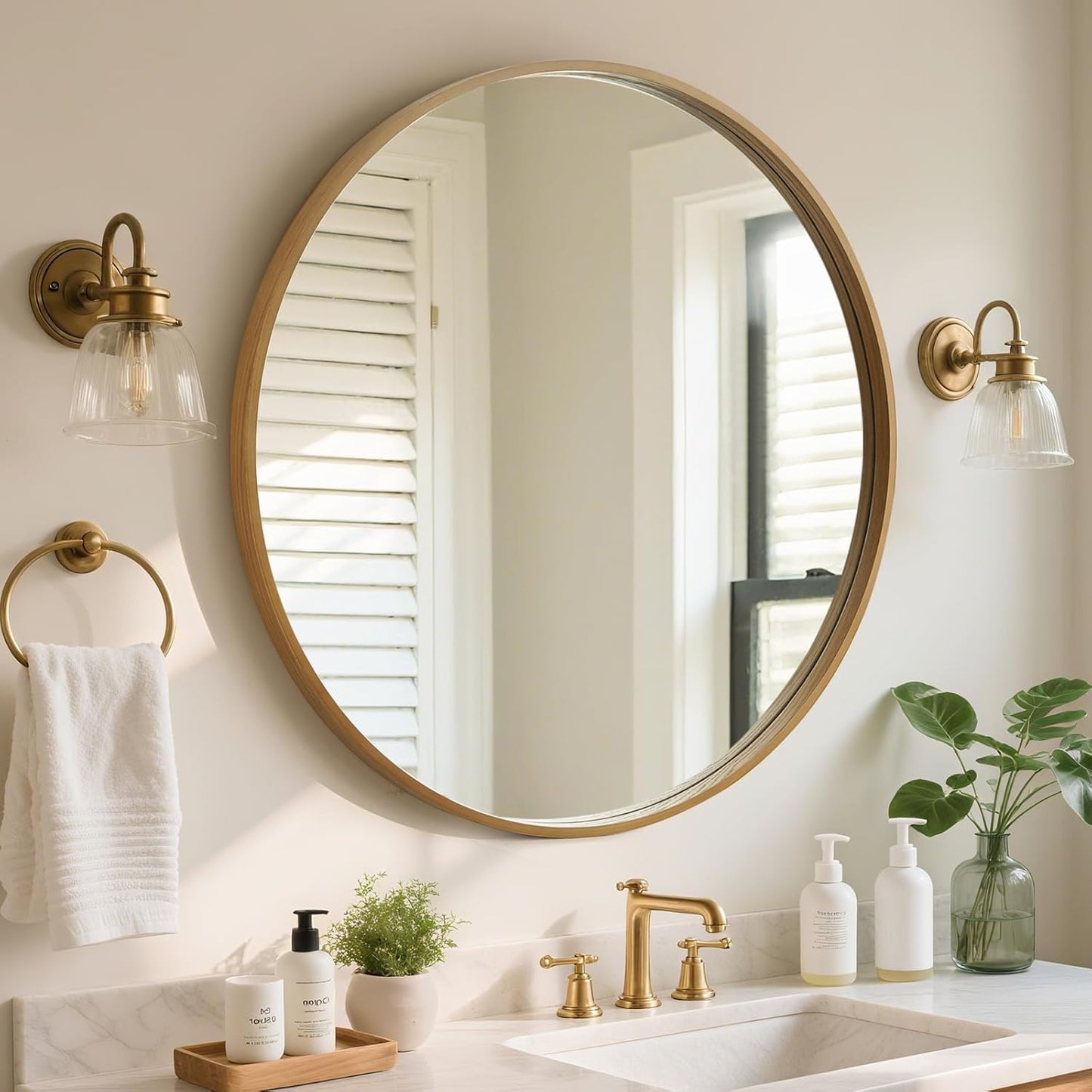 WallBeyond Round Wood Mirror, 32" Round Modern Decoration Large Circle Wall Mirror for Bathroom Living Room Bedroom Entryway, Honey