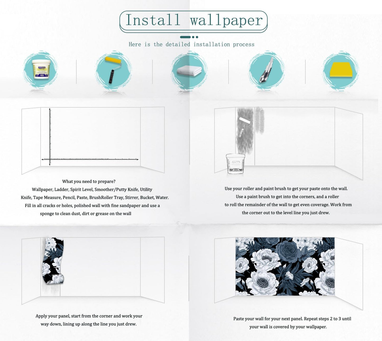 Floral Wallpaper Blue and White Peony Rose Mural Wallpaper for Bedroom Living Room Bathroom Office(Not Peel 'n Stick)